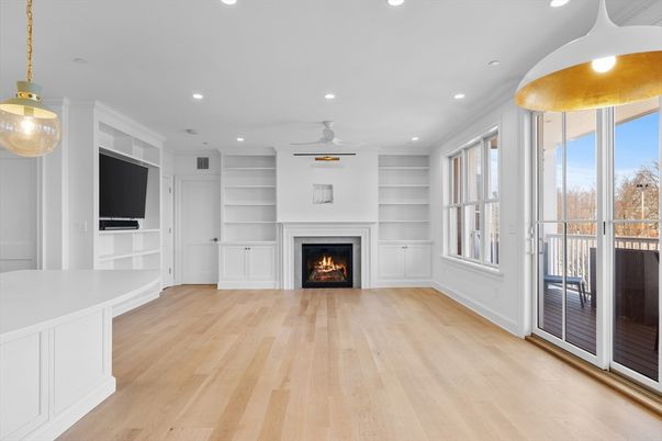 Empty room, Fireplace, Interior, Pendant Lights, Recessed Lighting, Wood Texture Flooring