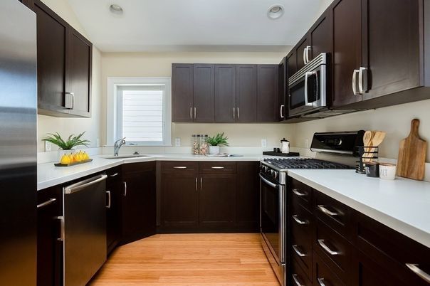 Interior, Kitchen, Recessed Lighting, Stainless Steel Appliances, Wood Texture Flooring
