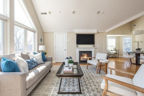 Dining room, Fireplace, Interior, Living room, Pendant Lights, Recessed Lighting, Wood Texture Flooring