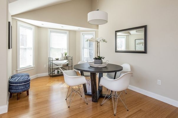 Dining room, Interior, Pendant Lights, Wood Texture Flooring