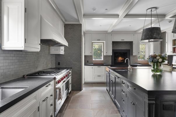 Fireplace, Interior, Kitchen, Pendant Lights, Recessed Lighting, Stainless Steel Appliances
