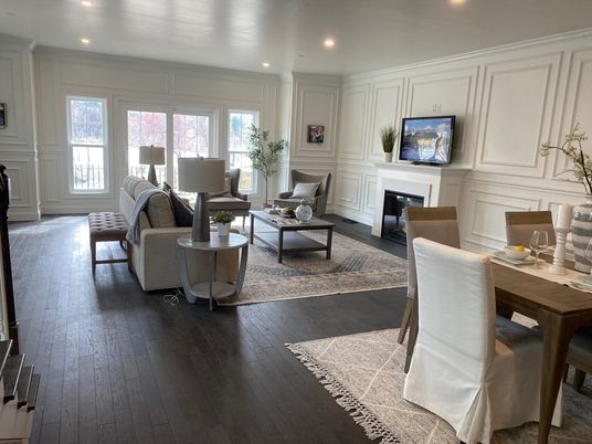 Dining room, Fireplace, Interior, Living room, Recessed Lighting, Wood Texture Flooring