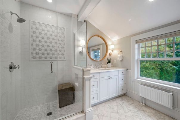Bathroom, Dual Sink Vanities, Glass Shower, Interior, Marble, Recessed Lighting