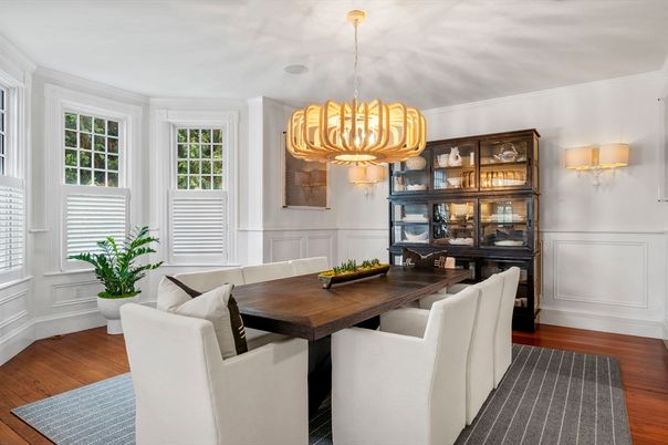 Dining room, Interior, Pendant Lights, Wood Texture Flooring