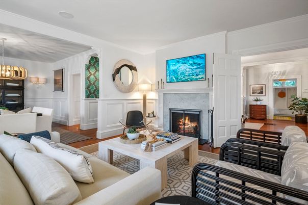 Fireplace, Interior, Living room, Pendant Lights, Wood Texture Flooring