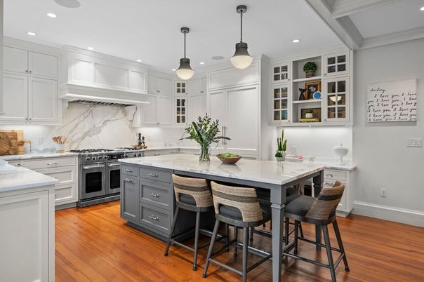 Interior, Kitchen, Marble Walls, Pendant Lights, Recessed Lighting, Stainless Steel Appliances, Wood Texture Flooring