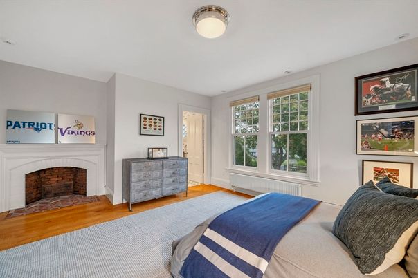 Bedroom, Fireplace, Interior, Wood Texture Flooring