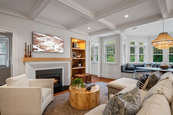 Dining room, Fireplace, Interior, Living room, Recessed Lighting, Wood Texture Flooring