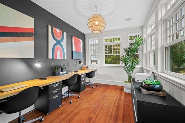 Home Office, Interior, Pendant Lights, Wood Texture Flooring