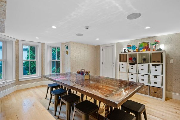Dining room, Interior, Recessed Lighting, Wood Texture Flooring
