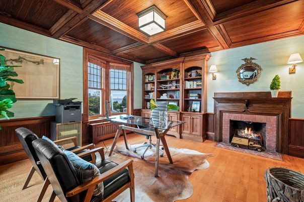Fireplace, Home Office, Interior, Wooden Beams, Wooden Ceilings, Wood Texture Flooring, Wooden Walls