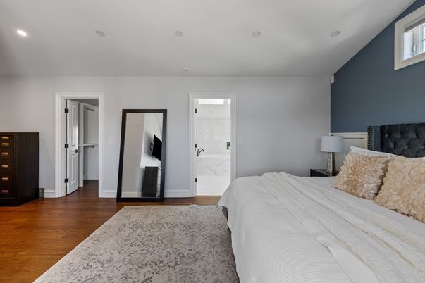 Bedroom, Interior, Recessed Lighting, Wood Texture Flooring