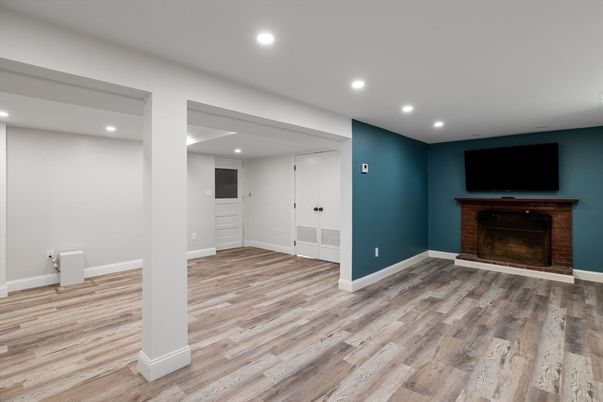 Empty room, Fireplace, Interior, Recessed Lighting, Wood Texture Flooring
