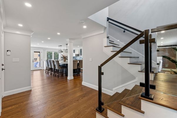 Dining room, Interior, Pendant Lights, Recessed Lighting, Wood Texture Flooring