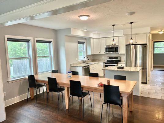 Dining room, Interior, Kitchen, Pendant Lights, Stainless Steel Appliances, Wood Texture Flooring