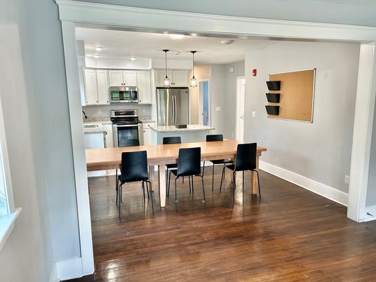 Dining room, Interior, Kitchen, Pendant Lights, Stainless Steel Appliances, Wood Texture Flooring