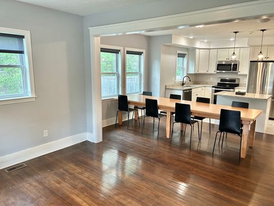 Dining room, Interior, Kitchen, Pendant Lights, Stainless Steel Appliances, Wood Texture Flooring