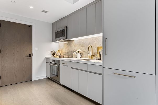 Interior, Kitchen, Recessed Lighting, Stainless Steel Appliances, Wood Texture Flooring