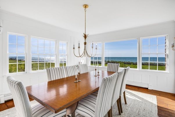 Dining room, Interior, Pendant Lights, Water, Wood Texture Flooring
