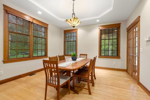 Dining room, Interior, Pendant Lights, Recessed Lighting, Wood Texture Flooring