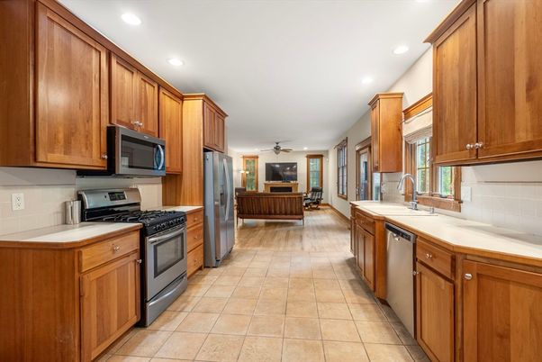 Interior, Kitchen, Living room, Recessed Lighting, Stainless Steel Appliances, Wood Texture Flooring