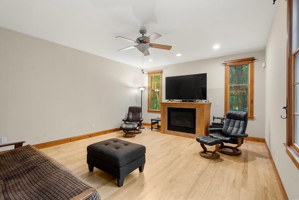 Fireplace, Interior, Recessed Lighting, Wood Texture Flooring