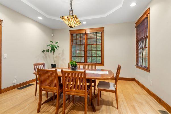 Dining room, Interior, Pendant Lights, Recessed Lighting, Wood Texture Flooring