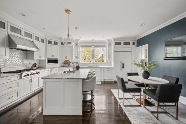 Dining room, Fireplace, Interior, Pendant Lights, Wood Texture Flooring