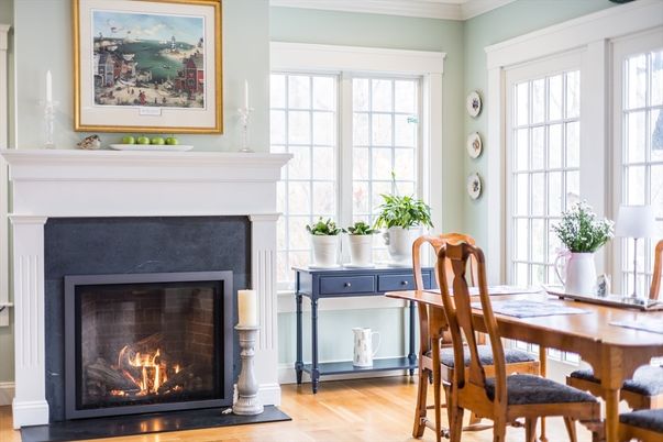Dining room, Fireplace, Interior, Wood Texture Flooring