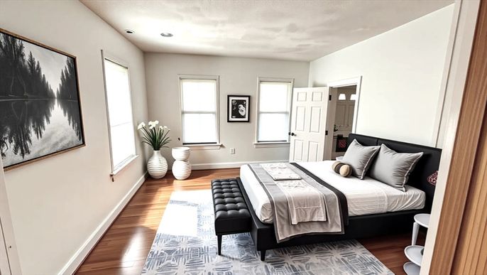 Bedroom, Interior, Recessed Lighting, Wood Texture Flooring
