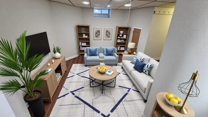 Interior, Living room, Recessed Lighting, Wood Texture Flooring