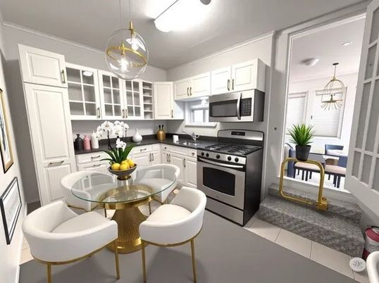 Dining room, Interior, Kitchen, Pendant Lights, Stainless Steel Appliances