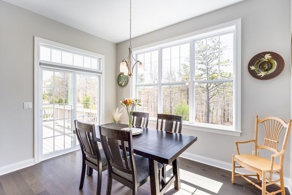 Dining room, Interior, Pendant Lights, Wood Texture Flooring
