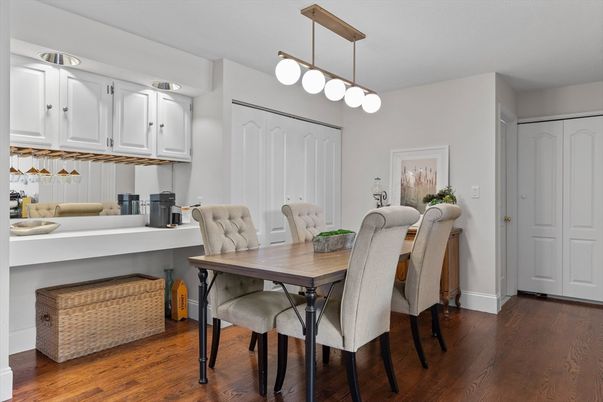 Dining room, Interior, Pendant Lights, Wood Texture Flooring