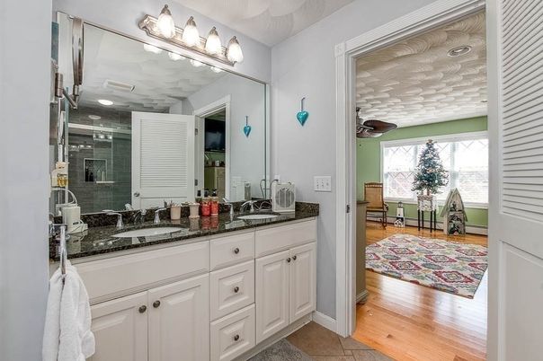 Bathroom, Dual Sink Vanities, Interior, Recessed Lighting, Wood Texture Flooring