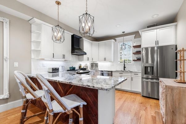 Interior, Kitchen, Pendant Lights, Recessed Lighting, Stainless Steel Appliances, Wood Texture Flooring