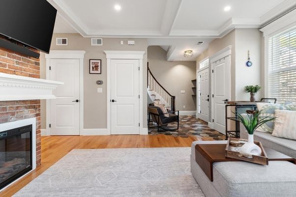 Fireplace, Interior, Recessed Lighting, Stone Walls, Wood Texture Flooring
