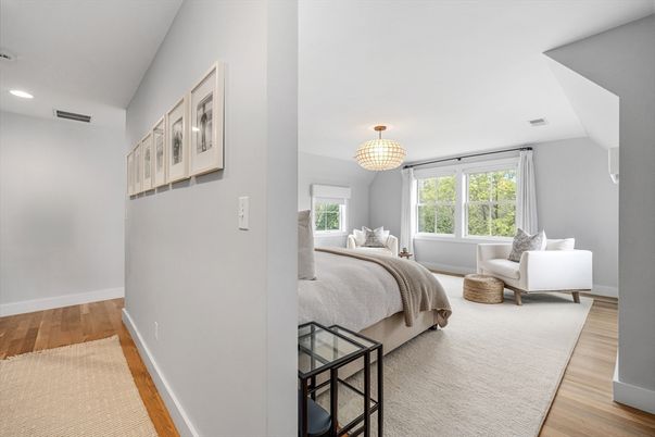 Bedroom, Chandelier, Interior, Recessed Lighting, Wood Texture Flooring