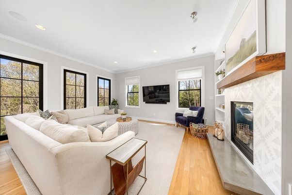 Fireplace, Interior, Living room, Recessed Lighting, Wood Texture Flooring