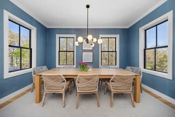 Dining room, Interior, Pendant Lights, Wood Texture Flooring