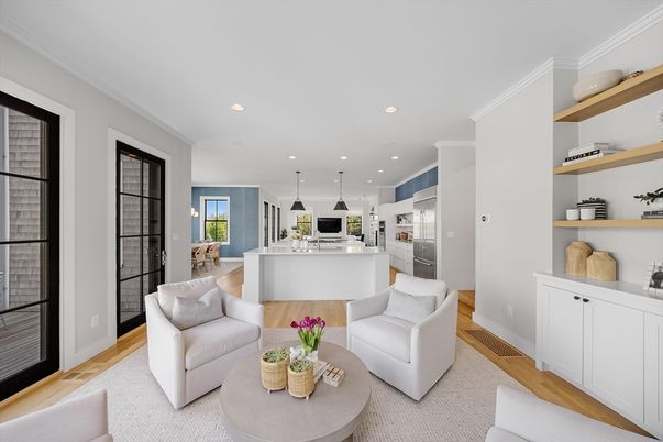 Dining room, Interior, Kitchen, Living room, Pendant Lights, Recessed Lighting, Stainless Steel Appliances, Wood Texture Flooring