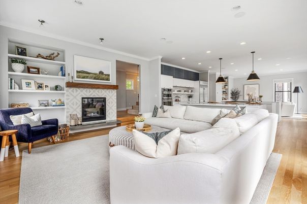 Fireplace, Interior, Kitchen, Living room, Pendant Lights, Recessed Lighting, Stainless Steel Appliances, Wood Texture Flooring