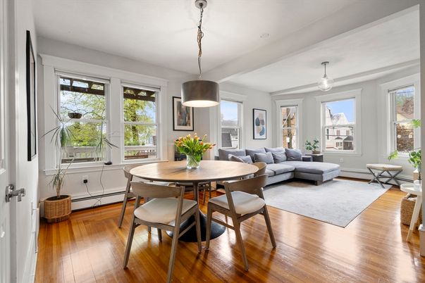 Dining room, Interior, Living room, Pendant Lights, Wood Texture Flooring