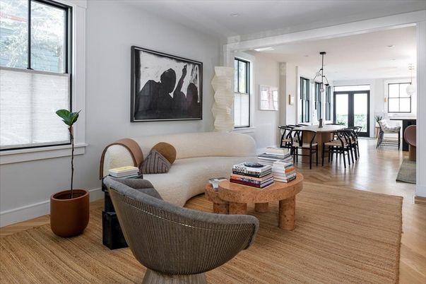 Dining room, Interior, Living room, Pendant Lights, Recessed Lighting, Wood Texture Flooring