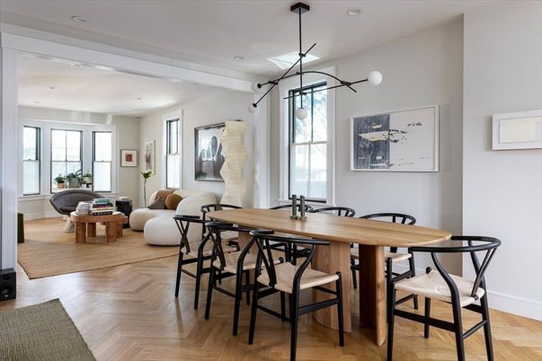 Dining room, Interior, Living room, Pendant Lights, Recessed Lighting, Wood Texture Flooring