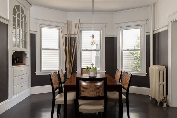 Dining room, Interior, Pendant Lights, Wood Texture Flooring