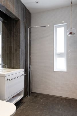 Bathroom, Interior, Pendant Lights, Recessed Lighting, Wood Texture Flooring