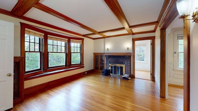 Empty room, Fireplace, Interior, Wooden Beams, Wood Texture Flooring