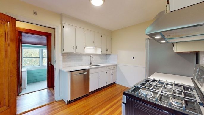 Interior, Kitchen, Recessed Lighting, Stainless Steel Appliances, Wood Texture Flooring