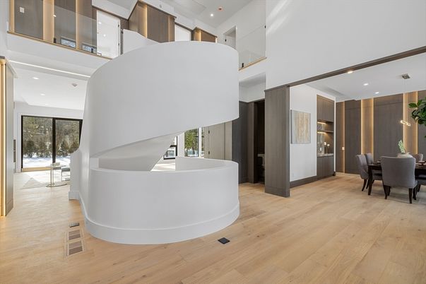 Dining room, Interior, Pendant Lights, Recessed Lighting, Wood Texture Flooring
